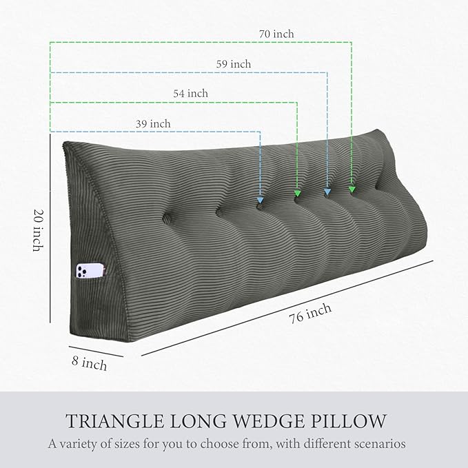 10 lbs Thickened Wedge Pillow Headboard Body Positioner Triangular Reading Pillow Bed Bolster Pillow for Sitting in Bedwith Removable Cover Gift for Mom Backrest Cordury Gray Full