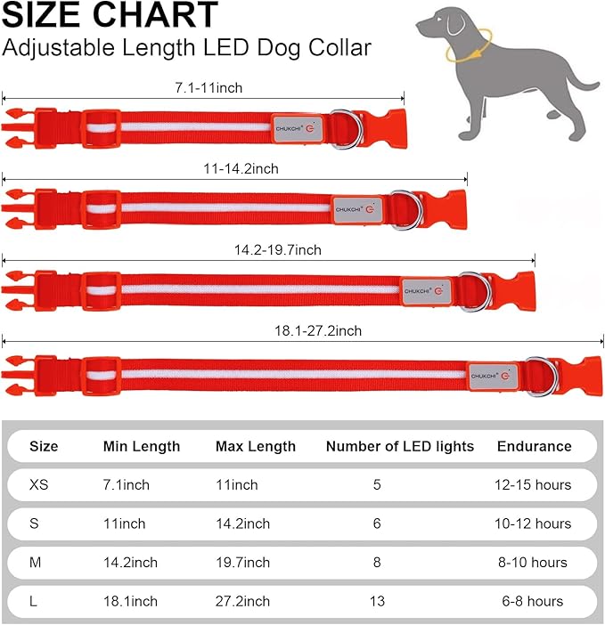 CHUKCHI LED Dog Collar Rechargeable,Waterproof Flashing Collar,Light Up Glow Collar, Adjustable Soft Safety Light Up for Small Medium Large Dogs Walking Camping at Night (Red-L)