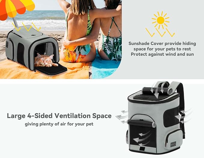 PETSFIT Cat Carrier Backpack with Upgraded Waist Protection, Pet Carrier Backpack Designed for Small Dogs/Cats, Fully Ventilated Collapsible Dog Backpack for Outdoor Traveling Hiking Camping,Grey