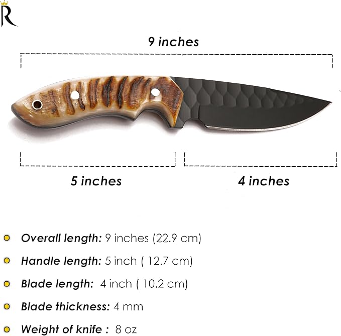Fixed Blade Knife ??9" Black Coated Drop Point Hunting Knife With Leather Sheath - Full Tang 1095c High Carbon Steel - For Outdoor Use