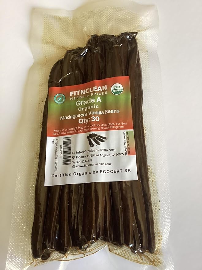 30 Organic Madagascar Vanilla Beans Grade A. Certified USDA Organic. ~6" for Chefs, Extract and Baking. Fresh Gourmet NON-GMO Whole Bourbon Pods by FITNCLEAN VANILLA