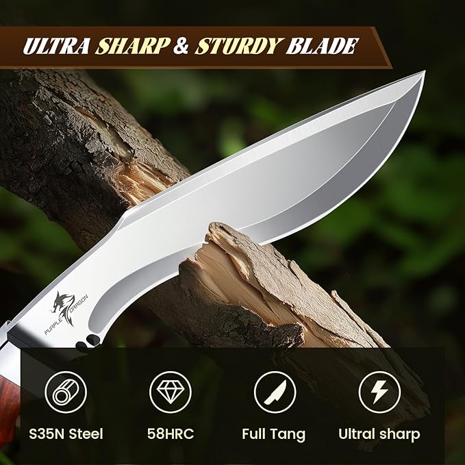 Purple Dragon Kukri Fixed Blade Knife With Sheath, 8 Inch Full Tang Heavy Duty Camping Knives - Gifts for Men