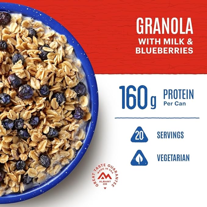Mountain House Granola with Milk & Blueberries #10 Can | Freeze Dried Survival & Emergency Food | 20 Servings