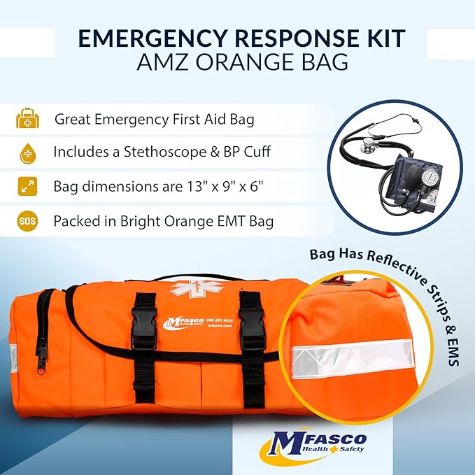 MFASCO First Aid Kit - Fully Stocked Portable Reflective Bag - First Responder Emergency Response Kit - for Natural Disaster Preparedness - Customizable Storage - Includes 415 Pcs First Aid Supplies
