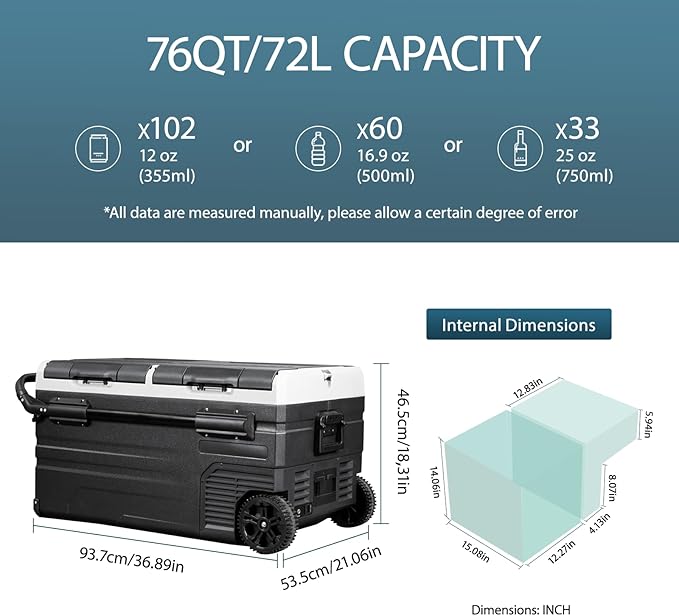 40/76/95 Quart Series Dual Temperature Control Car Refrigerator, Portable Refrigerator, Individual Temperature Control (-4 ° F~68 ° F), Large Capacity Road Travel Fridge, 12/24v DC (TWW75-76 Quart)