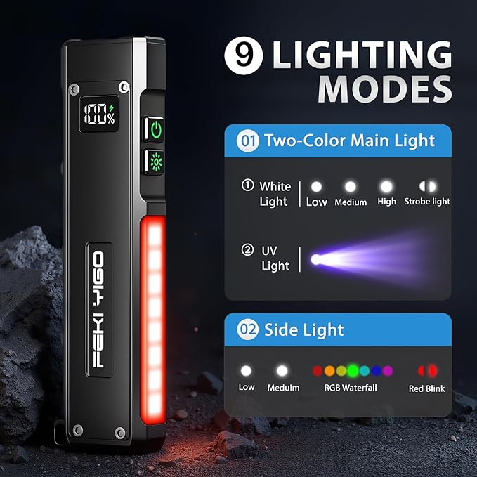 Feki Yigo G02 EDC Rechargeable Flat Flashlight 1800 Lumens White LED/UV/RGB Signaling Flashlights, Waterproof Magnetic Clip on Flashlight for Outdoor Home Emergencies, Camping Essentials(Black)