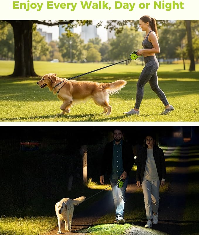 Retractable Dog Leash for Large Dog with Light Rechargeable, 16ft Heavy Duty Retractable Pet Leash with One-Button Control, Anti-Twist Protection, Reflective Leash for Large Dogs Up to 110 lbs