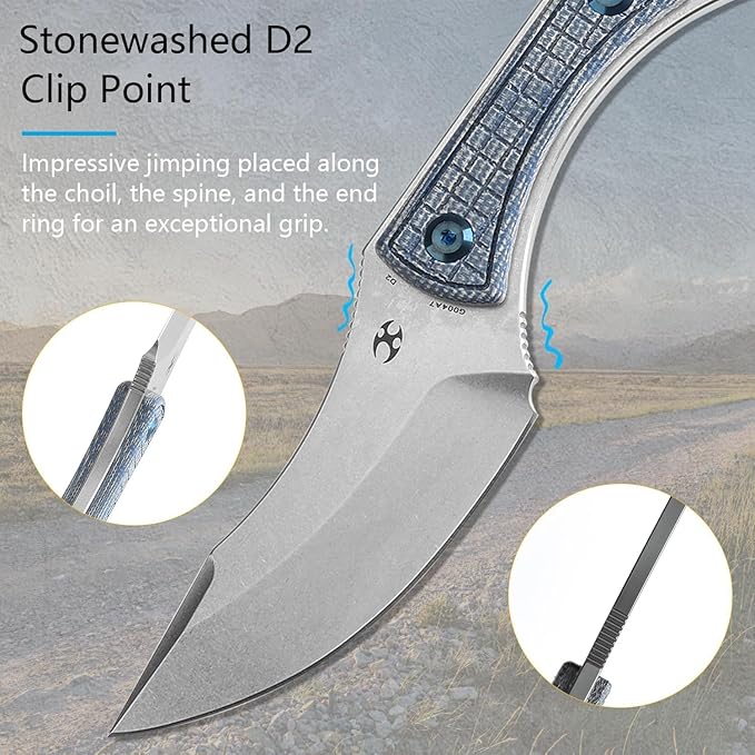 KANSEPT Niko Fixed blade Knife with Sheath, 3.54'' Stonewashed D2 Sharp Blade and Blue Micarta with Frag Pattern Handle, Adjustable Kydex Sheath for EDC, Fixed Knifes for Camping Hiking Fishing G004A7