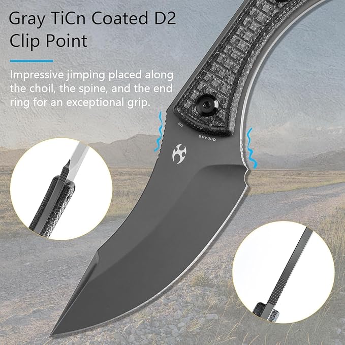 KANSEPT Niko Fixed blade Knife with Sheath, 3.54'' Grey TiCn Coated D2 Blade and Black Micarta with Frag Pattern Handle, Adjustable Kydex Sheath for EDC, Fixed Knifes for Camping Hiking Fishing G004A6