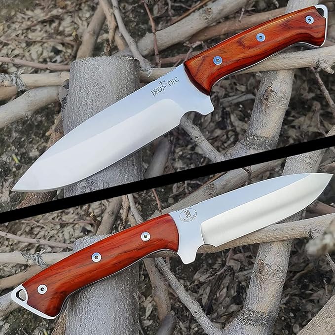 JEO-TEC Nº39 Full Tang Knife for Bushcraft Survival Hunting Fishing Camping, Fixed Blade 11" MOVA Steel, Sheath and Fire Starter - Handmade
