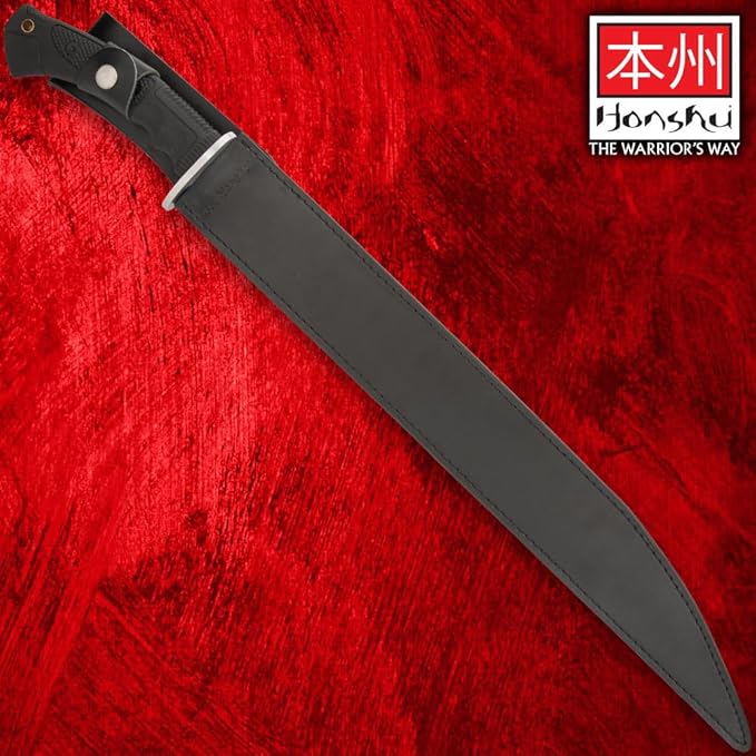Honshu Boshin Seax Knife | 19 3/8" Full-Tang Stainless Steel Blade | Textured TPR Handle | Premium Leather Sheath with Paracord Lanyard | Modern Tactical Seax Design | 25 3/4" Overall Length