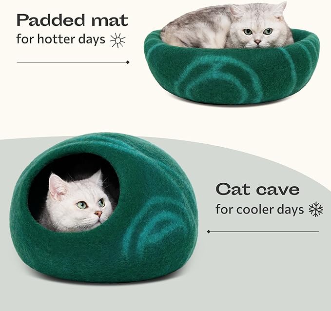MEOWFIA Cat Cave ??Premium Felt Cat Bed for Indoor Cats, Handmade 100% Merino Wool (Medium, Emerald)