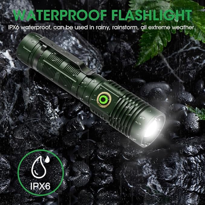 Rechargeable Flashlight High Lumens, High Lumens Super Bright Magnetic Flash Light, Long-Range Zoomable LED Flashlights for Emergency, Waterproof Flashlight Dimmable, Green,1PC
