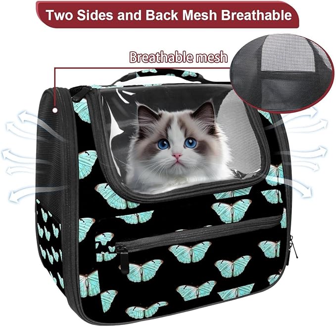 Butterfly on Black Background Cat Carriers Dog Carrier Pet Carrier with Locking Safety Zippers for Cats, Kitties, Puppies and Small Dogs