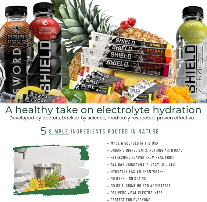 SHIELD® Electrolyte Replenisher | 32ct Powder Stick Packs – Refreshing, Clean, & Clear Hydration, No Artificial Colors/Dyes, No HFCS, Balanced Electrolyte Replenishment, and Real Fruit Flavor
