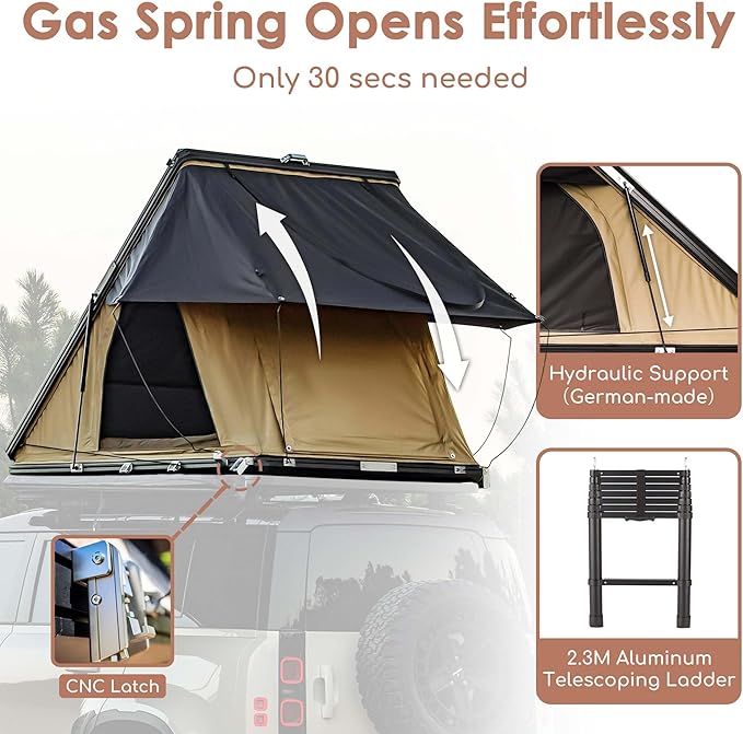 Hardshell Rooftop Tent, Roof Top Tent for 2-3, with Aluminium Ladder, Skyview Window, Mattress, LED Light, Blackout-Coated for UV Protection, Waterproof, for Truck, Jeep, SUV, Van