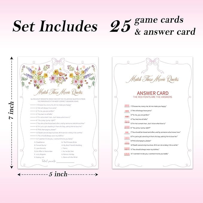 Match These Movie Quotes Bridal Shower Games, Wildflowers Pink Bow Games Card for Wedding Reception, Bridal Shower, Engagement, Bachelorette Party Activity Decorations (25 Pack) -A03