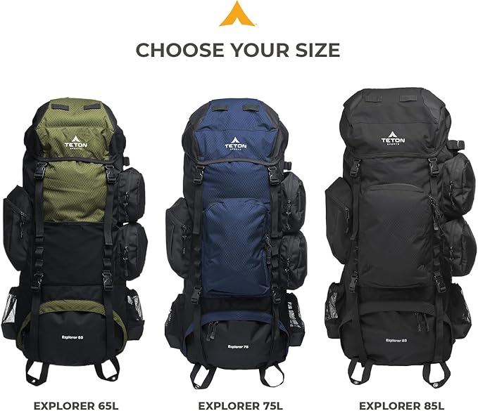 Teton 85L Explorer Internal Frame Backpack for Hiking, Camping, Backpacking, Rain Cover Included, Buck Brown