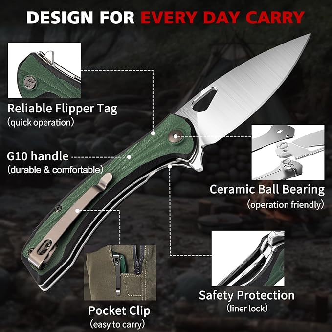 SHAN ZU Pocket Knife 3.2 in, Powder Steel Blade EDC Folding Knife for Men & Women, Utility Survival Knife with G10 Handle & Pocket Clip for Camping Fishing Hiking Hunting - Green