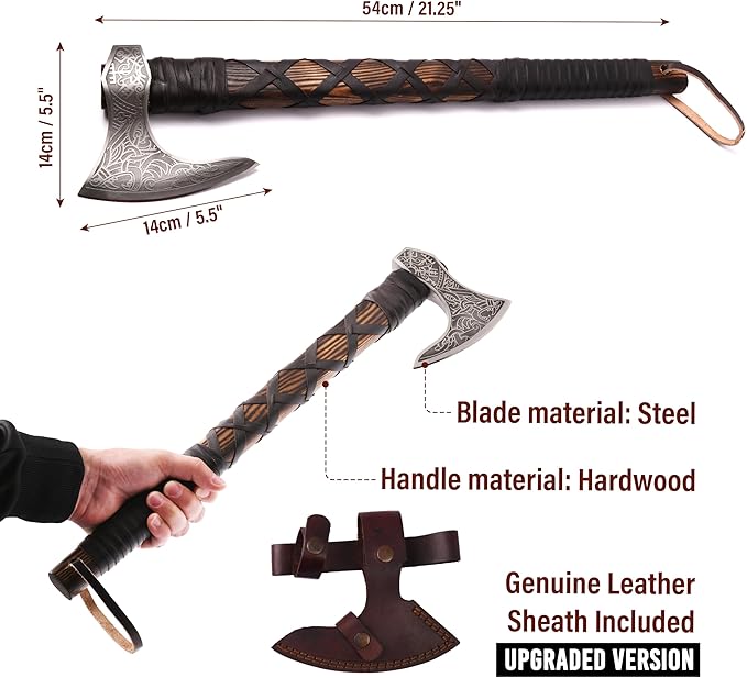 Genuine Viking Bearded Axe - 1095 Carbon Steel, 55-58 RC Hardness - Includes Leather Cover, 21.6 Inches