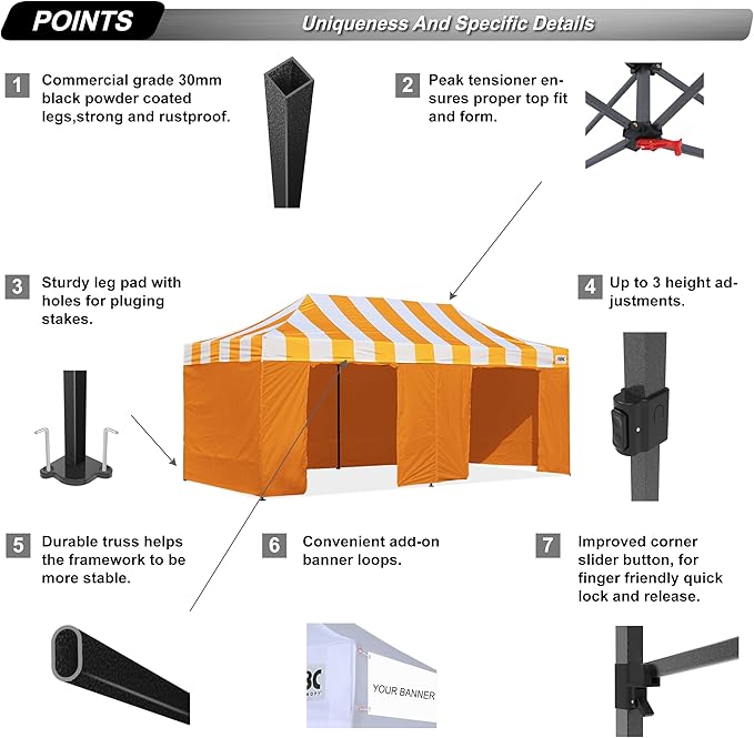 ABCCANOPY Heavy Duty Easy Pop up Canopy Tent with Sidewalls 10x20,Strip Orange