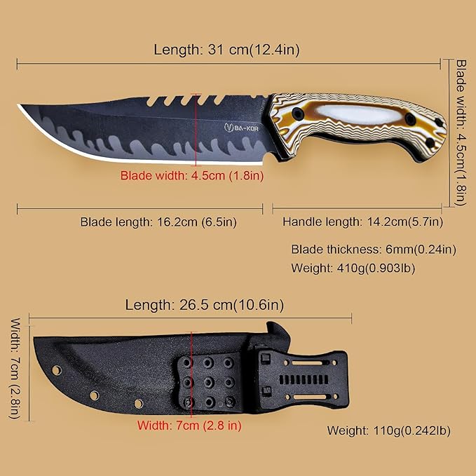 BA-KOR 12.4in Full Tang Fixed Blade Hunting Knife ??6mm 9CR18MoV Steel, G10 Handle, Stonewashed Sawback Blade with Kydex Sheath & Fire Starter for Outdoor, Camping, Survival (White and brown stripes)
