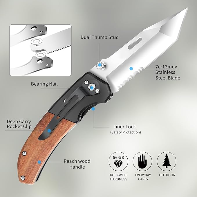 Harita Pocket Knife for Men, Folding Utility with Pocket Clip, Wood Handle EDC for Women with 3.4″ Sliver Serrated Steel Blade, Camping Knife, Hunting, Hiking - Father's Day Gift (Sliver, 3.4 inch Half Serrated Blade)