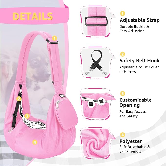 SlowTon Dog Carrier Sling - Thick Padded Shoulder Strap Adjustable Dog Carriers for Small Dogs, Puppy Carrier Purse for Pet Cat with Front Zipper Pocket Safety Belt Machine Washable (PI, L)