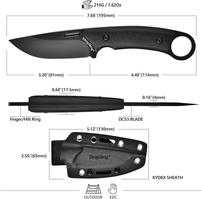 Fixed Blade Knife with Sheath, 3.2??DC53 Steel blade with Black Titanium Coating and G10 Handle Full Tang Outdoor Camping Hiking Survival Knives for Men Women