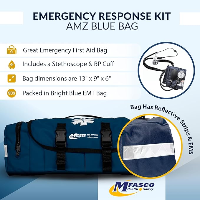 MFASCO First Aid Kit - Fully Stocked Portable Reflective Bag -First Responder Emergency Response Kit-for Natural Disaster Preparedness-Customizable Storage-Includes 415 Pcs First Aid Supplies- Blue