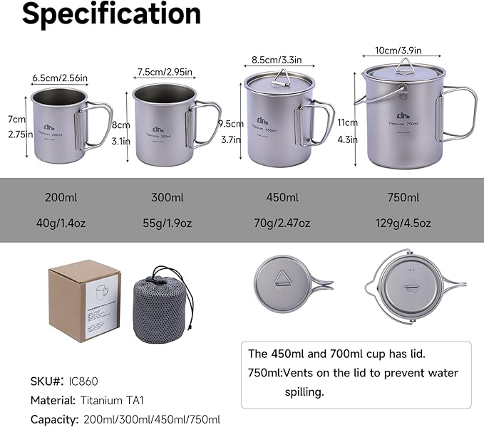 iClimb Titanium Cup Camping Coffee Mug Ultralight Compact with Foldable Handle (300ml)