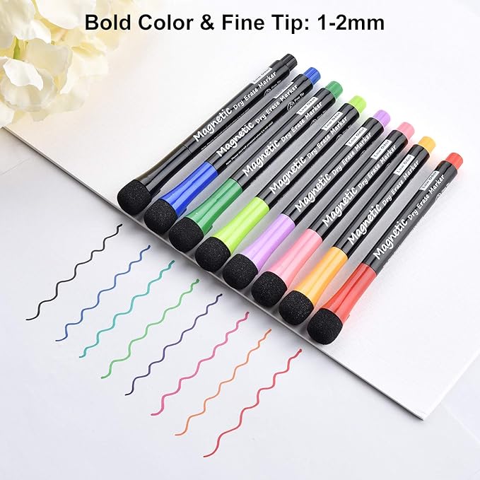 Browill Magnetic Dry Erase Markers, Fine Tip Low Odor Whiteboard Markers for Kids & School, Work On White board & Calendar, Refrigerator (12 Pack)