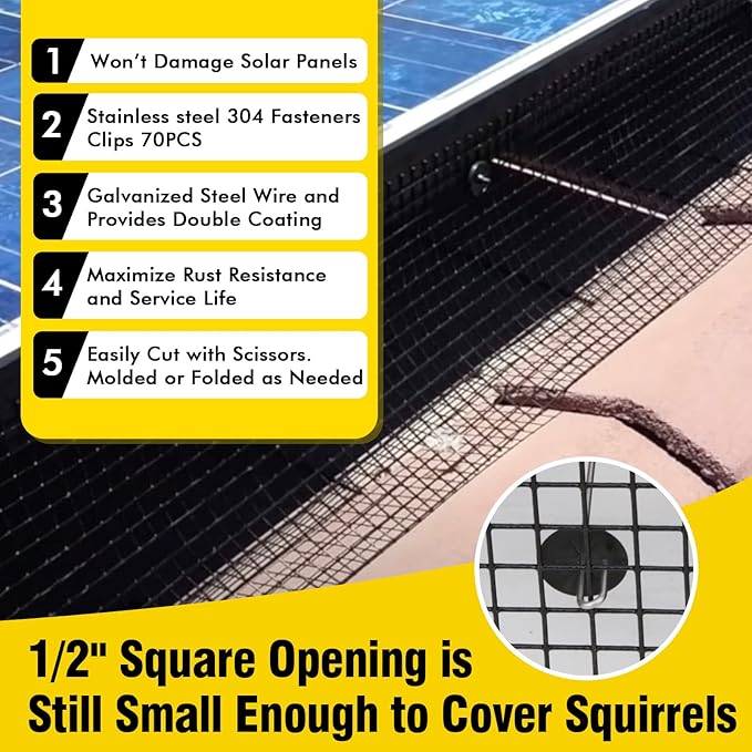 6in X 100ft Solar Panel Bird Guard,Solar Panel roof Protection net 1/2inch Mesh PVC Black Vinyl Coated Galvanized net 70 Fastener ClipsUsed for Bird,Animal Control