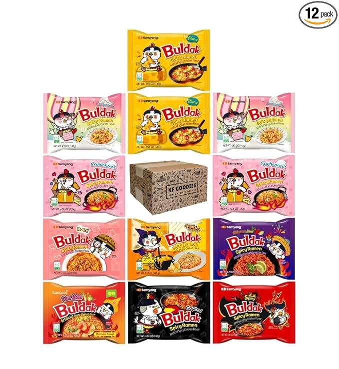 KF GOODIES Korean Ramen Variety Pack Gift Box (12 Count) - Spicy Buldak Noodle Assortment for Birthdays, College Care Packages and Gift Baskets