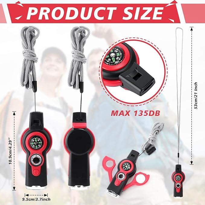 12 Pack Emergency Survival Function Whistle 7-in-1 Compass Hiking Survival Safety Whistle with Lanyard Outdoor Multifunctional Tool Ideal for Hiking Camping Rescue Signaling