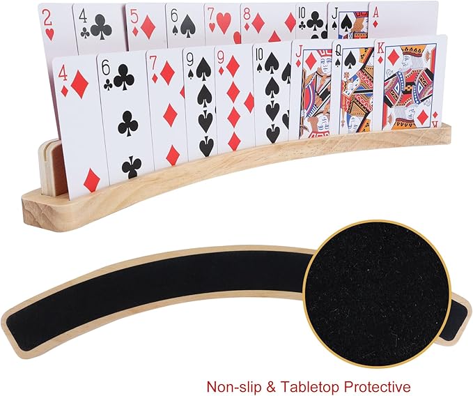 4 Pack Wooden Playing Card Holders - 14 Inch 2-Slot Curved Card Holder for Kids Adults, Stackable Card Deck Organizers with Non-Slip Base for Bridge, Strategy Games, Poker & Family Nights