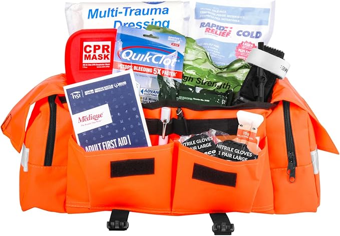 MFASCO Professional First Responder Kit - Emergency First Aid Bleeding Kit Combo, Includes Tourniquet & Clotting Bandage, Orange EMT Bag, Adjustable Shoulder Straps, 275+ Pieces, 13 x 9 x 6 Inches