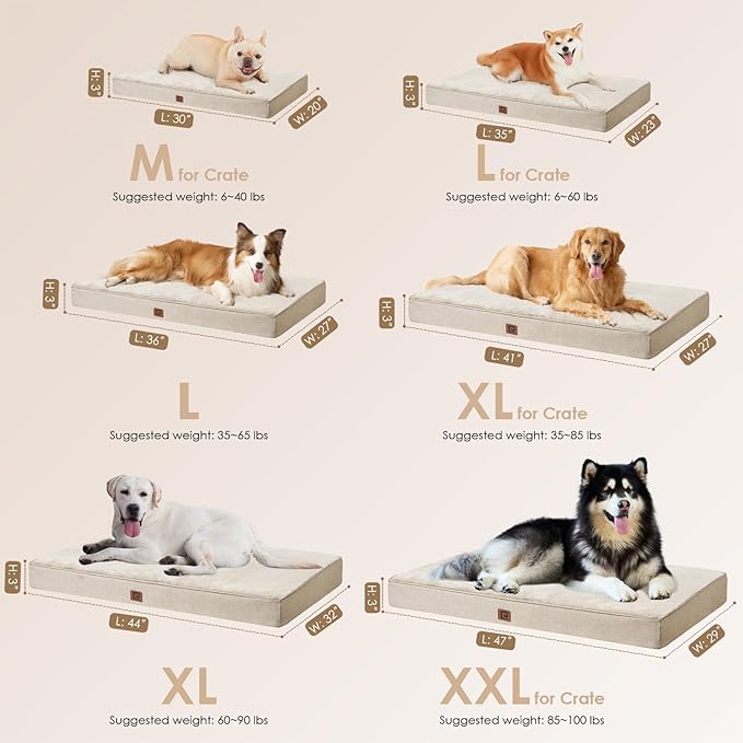 EHEYCIGA Waterproof Dog Bed Memory Foam 35x23, Orthopedic Dog Beds Mat for Large Dogs with Removable Cover, Beige