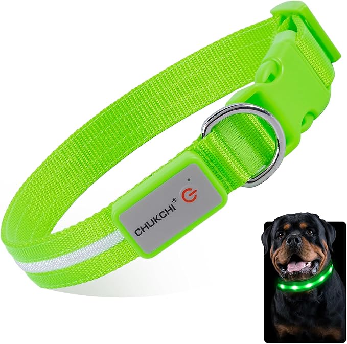 CHUKCHI LED Dog Collar Rechargeable,Waterproof Flashing Collar,Light Up Glow Collar, Adjustable Soft Safety Light Up for Small Medium Large Dogs Walking Camping at Night (Green-M)