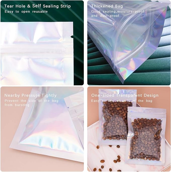 100 Pieces Resealable Smell Proof Bags - Foil Pouch Bags, Flat Clear Food Storage Plastic Packaging Foil Mylar Bags for Party Favor Food Storage (Holographic Color, 7x9 Inch)