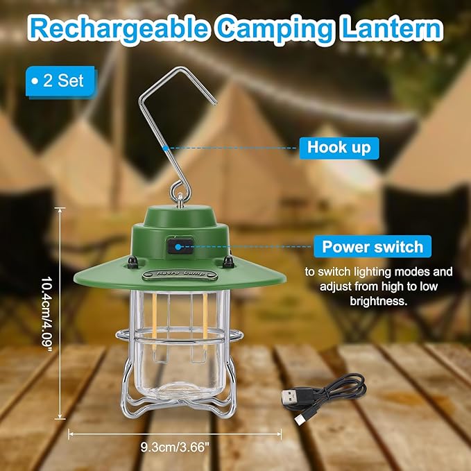 PATIKIL LED Camping Lantern, 2 Pack Vintage Rechargeable Lantern 3 Light Modes Portable Hanging Outdoor Tent Light for Camping, Hiking, Fishing, Green 3.66 Inch