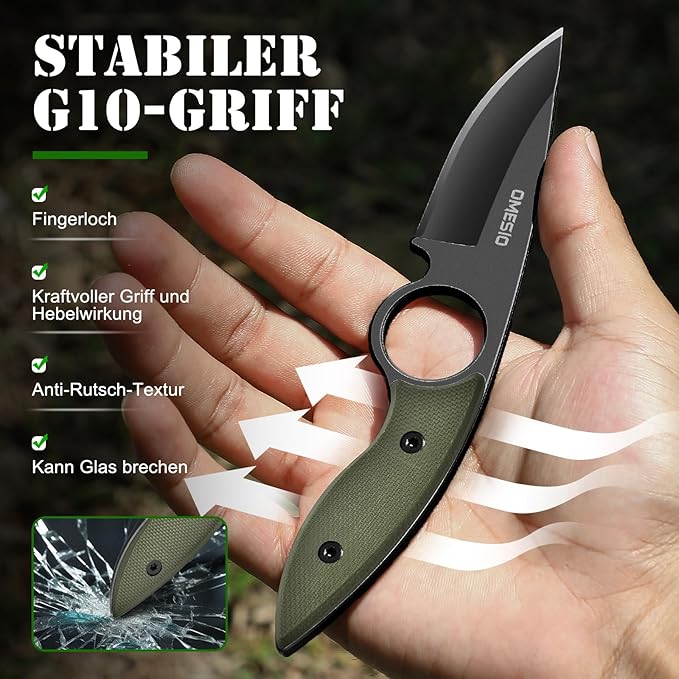 Omesio Fixed Blade Knife with Sheath, 6.92" Tactical Small Horizontal Carry Fixed Blade EDC Knife for Men Women with Kydex Sheath, Black Full Tang Blade G10 Ergonomic Handle, Ideal for Gifting