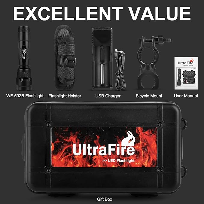 ULTRAFIRE WF-502B LED Tactical Flashlight, 5 Modes 1000 High Lumens Flashlight Torch with Duty Belt Flashlight Holster, UFB26, Bicycle Mount, USB Charger