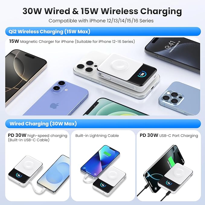 Magnetic Portable Charger 10800mAh with Built-in Cables,5-in-1 Qi2 Certified 15W Wireless Power Bank with iWatch Charger,30W PD Fast Charging USB-C Battery Pack for iPhone 17/16/15/14/13/12-White