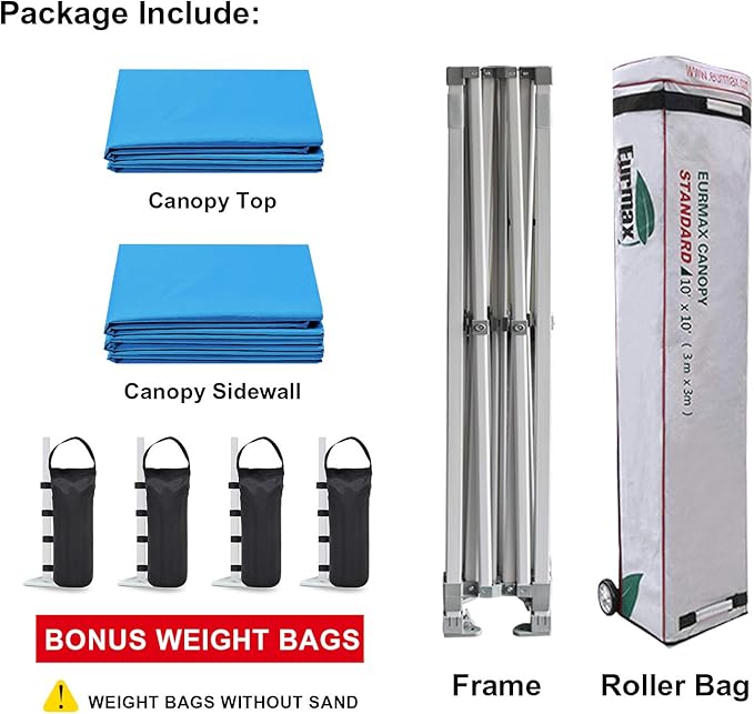 Eurmax USA 10'x10' Pop-up Canopy Tent Commercial Instant Canopies with 4 Removable Zipper End Side Walls and Roller Bag, Bonus 4 SandBags(Sky Blue)