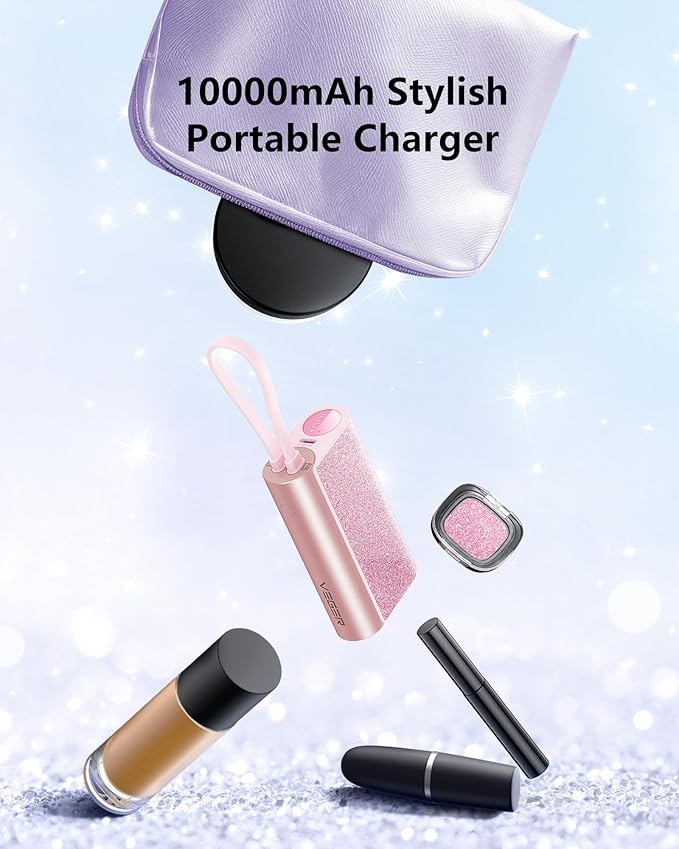 VEGER Compact Portable Charger with Built in Cable(Removable), 10000mAh Cute Power Bank 20W Fast Charging, Sparkling Battery Pack Fashion Travel Accessory Compatible with iPhone 15/14, Android-Pink