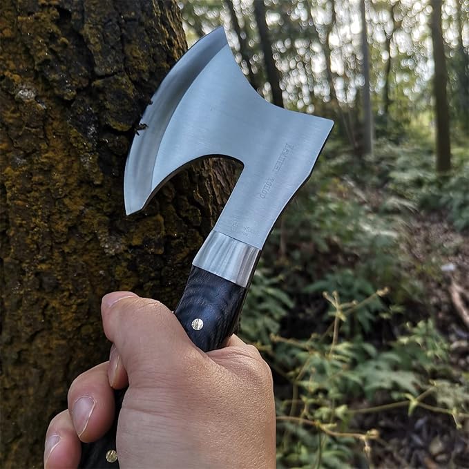DOOM BLADE 8.5" Camping Hatchet Axe with Nylon Sheath,Small Tomahawk Viking Axe Forged High Carbon Steel for Full Tang Wooden Grip,Portable Camping Axe for Outdoor Splitting Wood,Hunting Survival