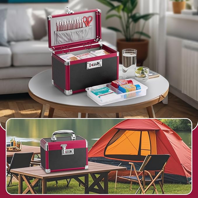 Medicine Lock Box with Combination Lock - 10 x 6 x 6.7 Inches - First Aid Safe Medication Storage Box, Medications and Personal Items, Safe Boxes for Home and Outdoor - Black Red 【No strap】