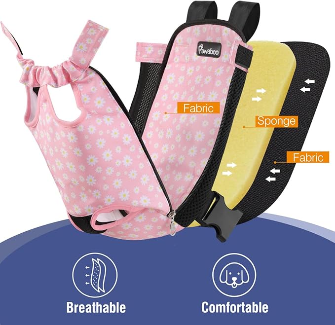 Pawaboo Pet Carrier Backpack, Adjustable Pet Front Cat Dog Carrier Backpack Travel Bag, Legs Out, Easy-Fit for Traveling Hiking Camping for Small Medium Dogs, Large Size, Black + Pink Daisy
