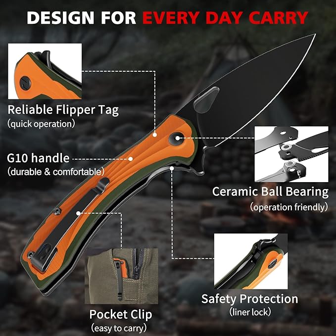 SHAN ZU Pocket Knife 3.2 in, Powder Steel Blade EDC Folding Knife for Men & Women, Utility Survival Knife with G10 Handle & Pocket Clip for Camping Fishing Hiking Hunting-Orange